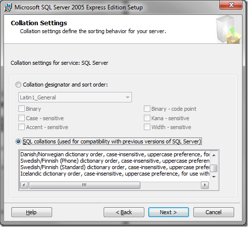 Microsoft SQL Server 2005 Setup Collation Settings