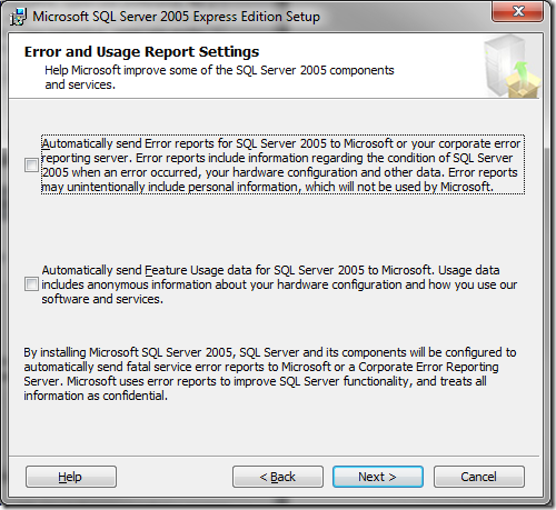 Microsoft SQL Server 2005 Setup Error and Usage Report Settings