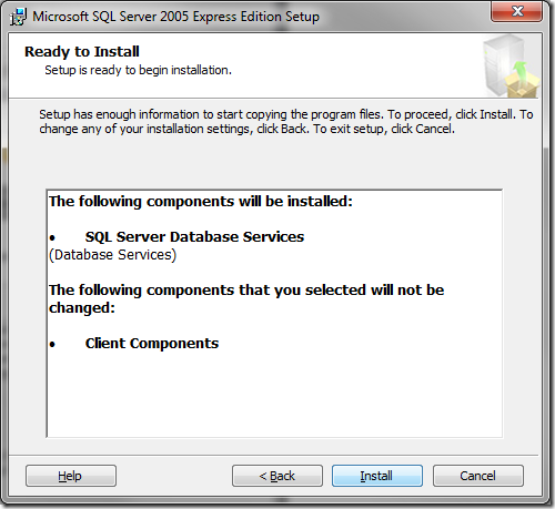 Microsoft SQL Server 2005 Setup Ready to Install