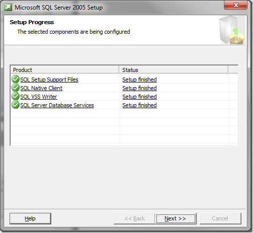Microsoft SQL Server 2005 Setup Progress