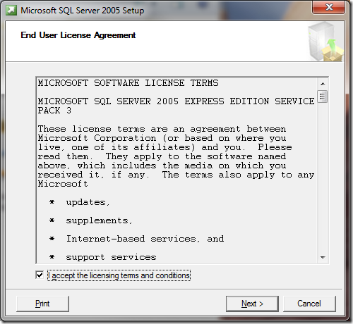 Microsoft SQL Server 2005 Setup End User License Agreement