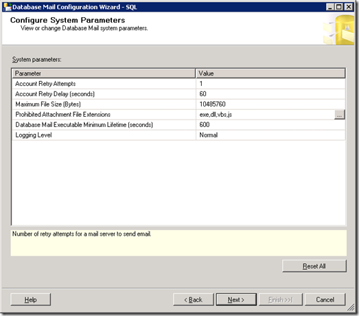 SQL Server Database Mail Configuration Wizard Configure System Parameters